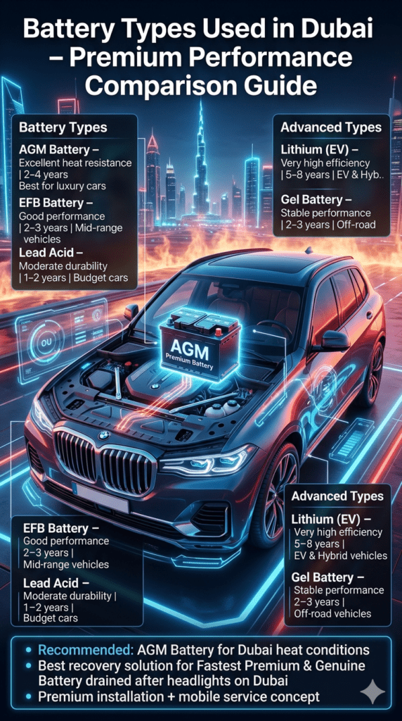 Dubai automotive infographic showing different car battery types including AGM, EFB, Lead Acid, Lithium, and Gel with performance comparison in extreme heat conditions.