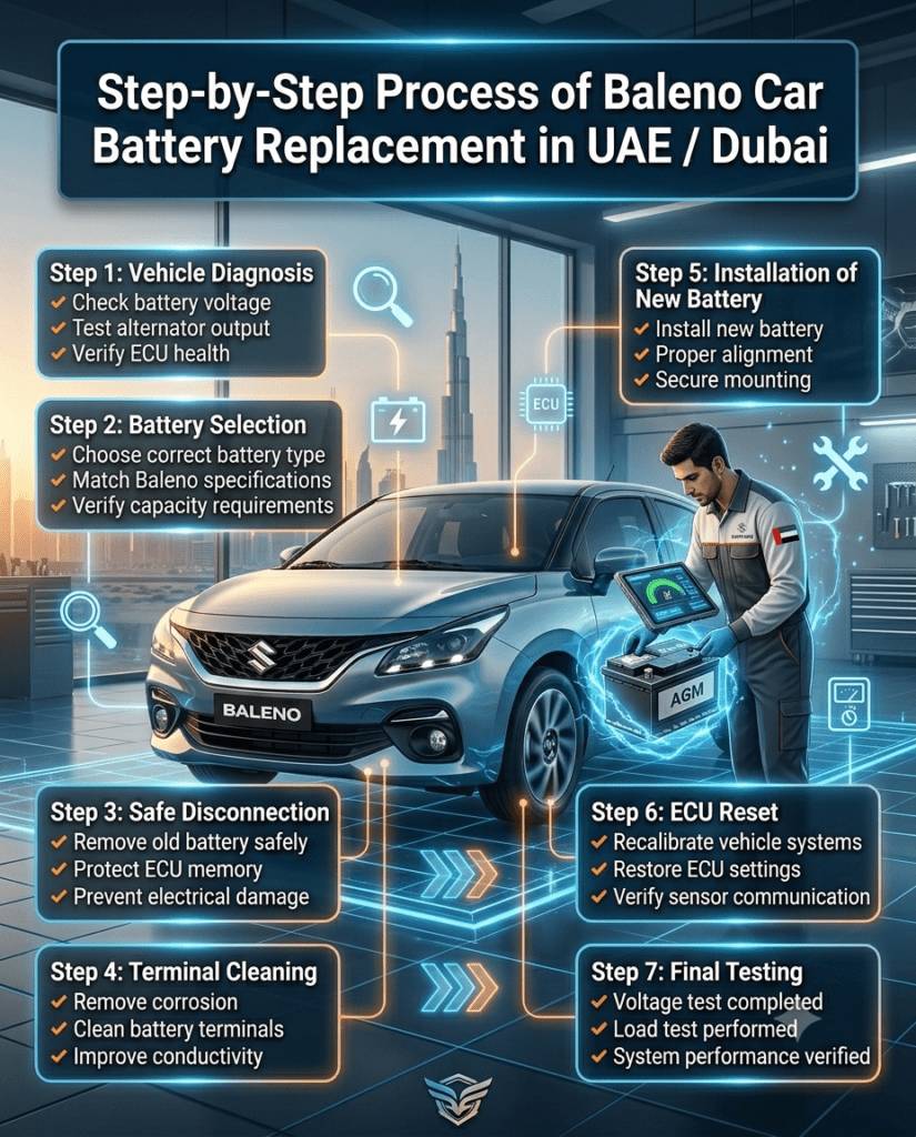 Step-by-Step Process of Baleno Car Battery Replacement in UAE / Dubai Professional infographic showing the complete step-by-step Baleno car battery replacement process in UAE and Dubai, including diagnosis, battery selection, safe removal, installation, ECU reset, and final testing.