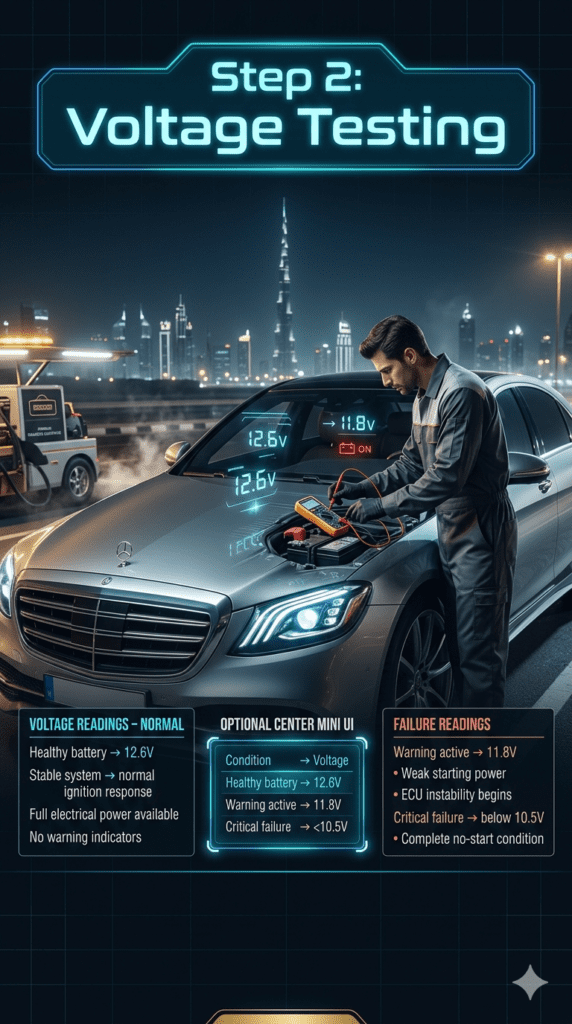 Luxury car battery voltage testing in Dubai showing healthy, warning, and critical voltage readings using digital multimeter and diagnostic system