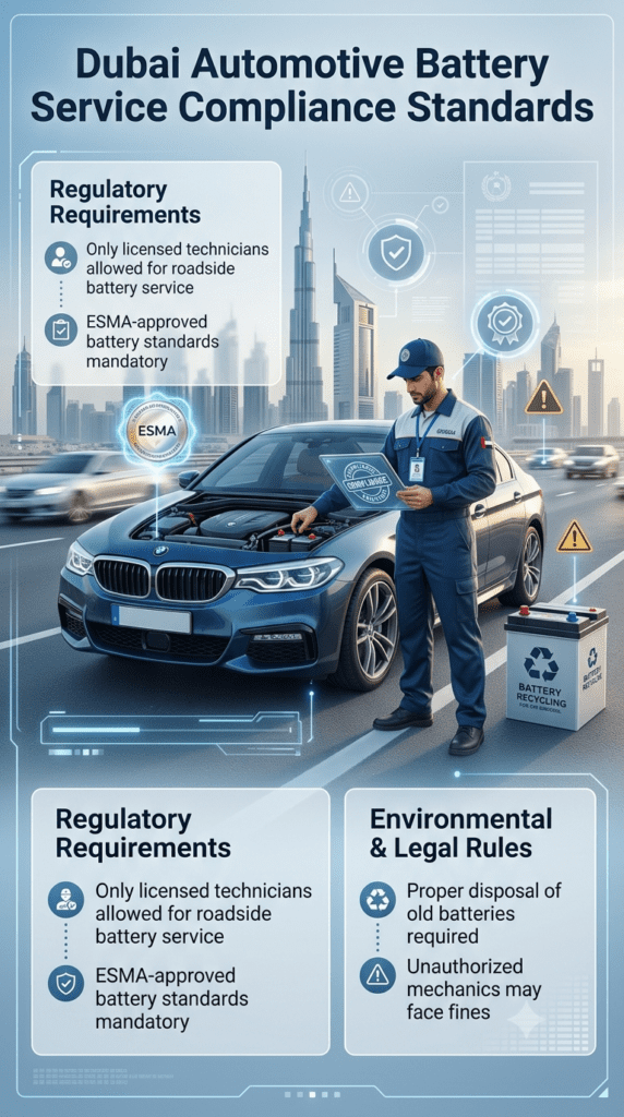 Dubai Automotive Battery Compliance Standards – Licensed Service & ESMA Regulations Licensed technician performing roadside car battery replacement in Dubai with ESMA compliance, battery disposal rules, and regulatory safety standards for automotive services.