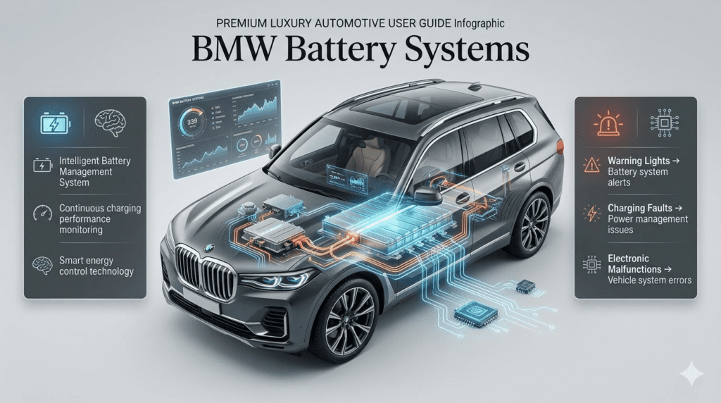 BMW battery systems infographic showing intelligent battery management, charging monitoring, warning lights, charging faults, and electronic malfunction alerts.
