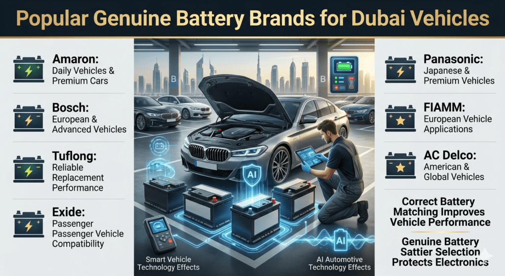 Popular genuine car battery brands for Dubai vehicles showing Amaron, Bosch, Tuflong, Exide, Panasonic, FIAMM, and AC Delco battery options with vehicle compatibility guide.