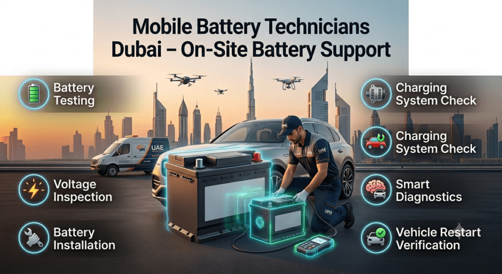 Mobile Battery Technicians Dubai – Professional On-Site Car Battery Service Mobile battery technicians Dubai providing on-site car battery testing, installation, diagnostics, and emergency roadside assistance.