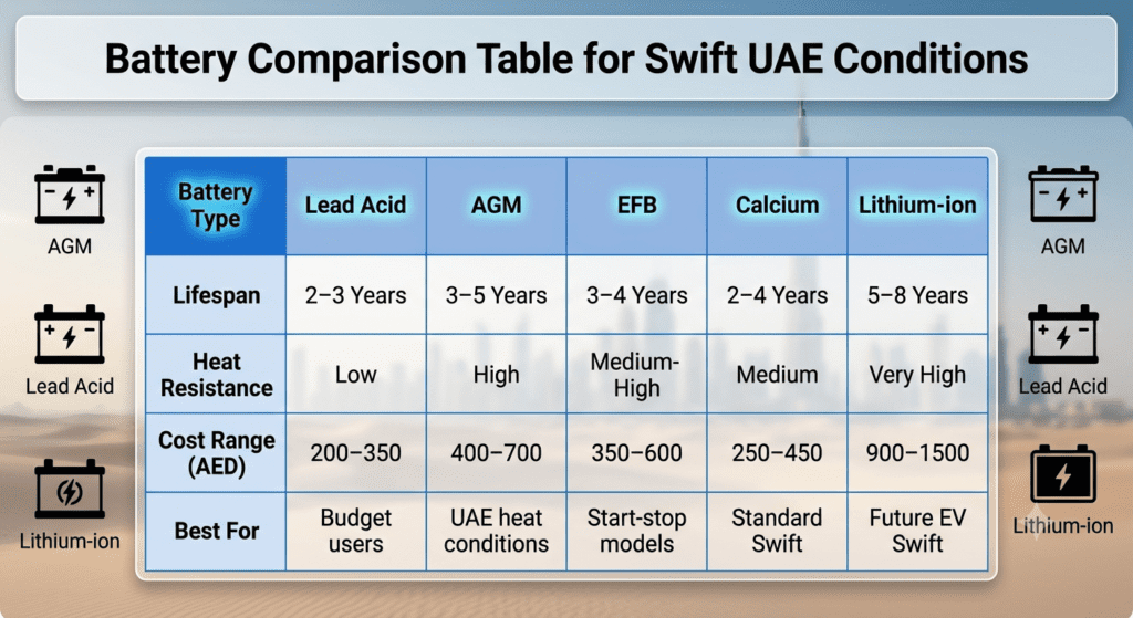 Automotive infographic showing battery comparison table for Maruti Suzuki Swift in UAE, including lifespan, heat resistance, cost range, and best usage types such as AGM, EFB, and Lithium-ion batteries.