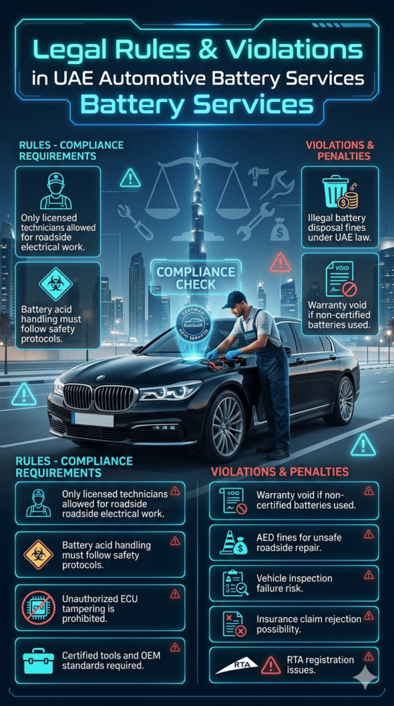UAE legal compliance infographic showing rules and violations for car battery roadside services in Dubai with certified technician and warning indicators