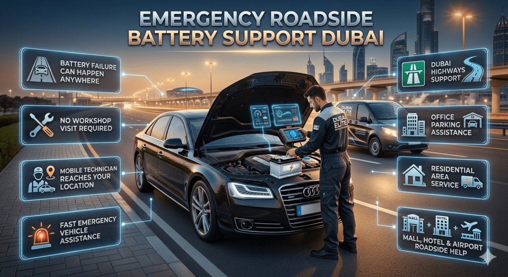 Mobile car battery technician providing emergency roadside battery support in Dubai with on-location vehicle inspection and replacement service
