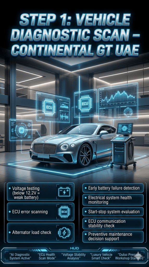 Luxury automotive diagnostic infographic showing Continental GT vehicle scan in Dubai including voltage testing, ECU error scanning, and alternator load check in futuristic workshop UI.