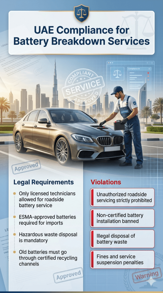 Infographic showing UAE compliance rules for car battery breakdown services in Dubai including technician licensing, ESMA standards, recycling rules, and violation penalties.