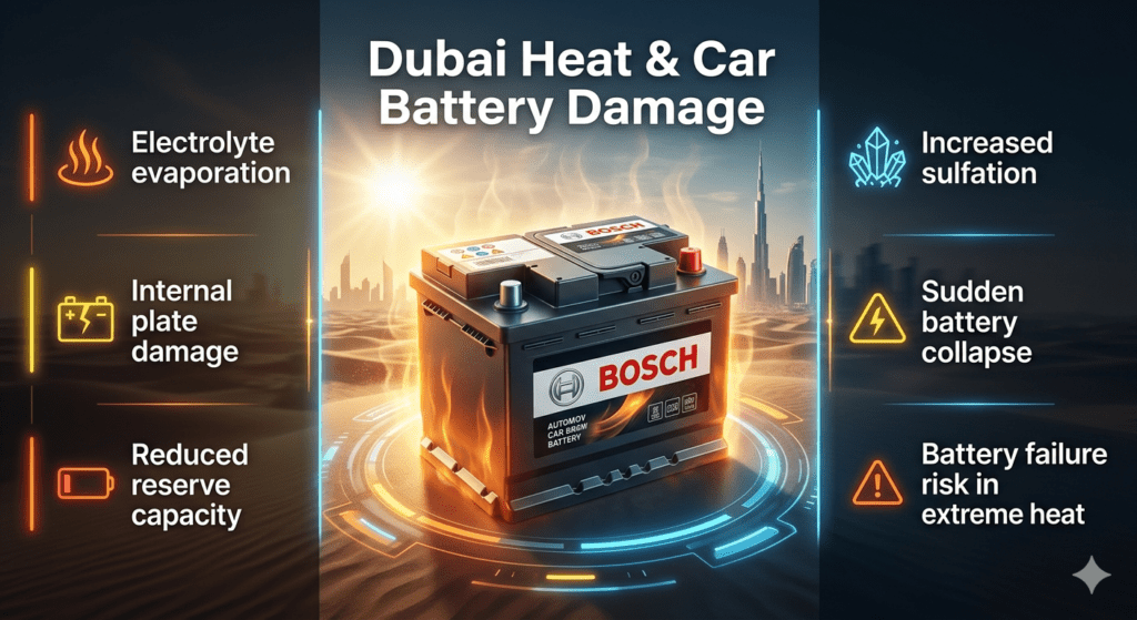 Infographic showing how Dubai’s extreme heat damages car batteries, highlighting evaporation, sulfation, and battery failure risks with a central premium battery illustration.