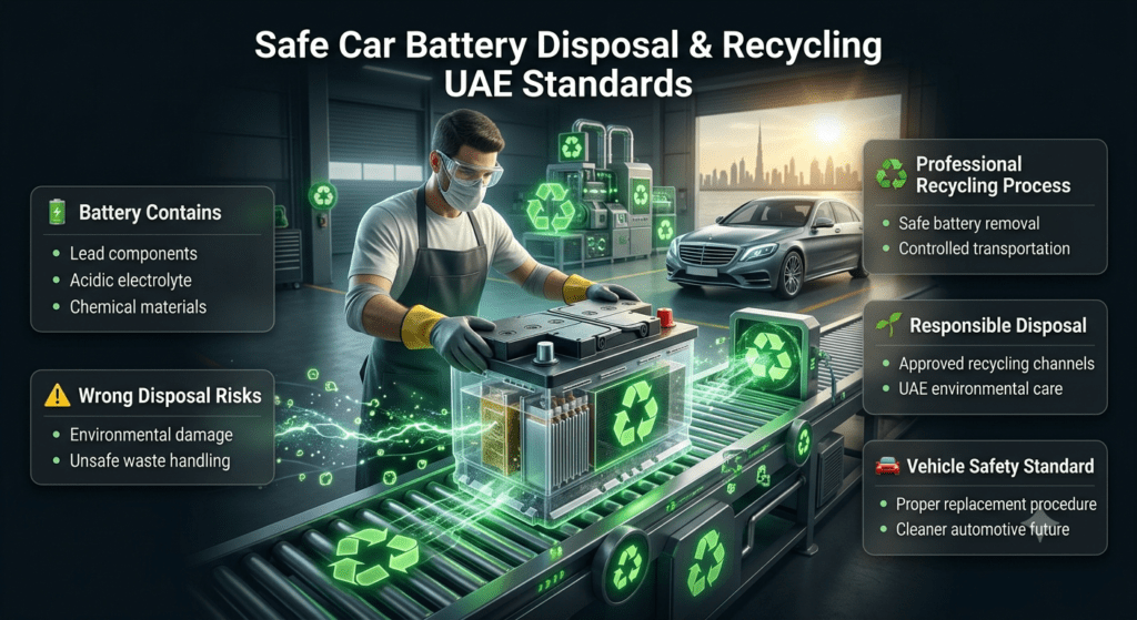 Safe car battery disposal and recycling infographic showing professional removal, transportation, and UAE environmental handling practices.