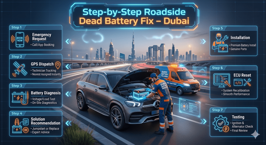 Infographic showing step-by-step roadside dead battery fix service in Dubai with technician, battery replacement process, GPS dispatch, diagnosis, installation, ECU reset, and testing workflow.