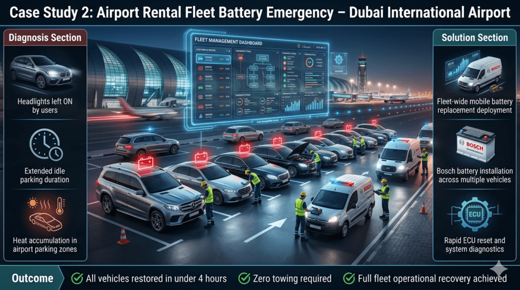 Dubai airport rental fleet emergency showing multiple cars with battery failure, mobile technicians responding, and rapid replacement operations restoring fleet within hours.