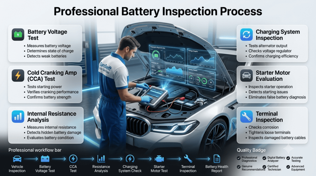 Professional Battery Inspection Process | Complete Car Battery Diagnostic Guide Professional Battery Inspection Process infographic showing battery voltage testing, Cold Cranking Amp testing, internal resistance analysis, charging system inspection, starter motor evaluation, and battery terminal inspection by a certified automotive technician.