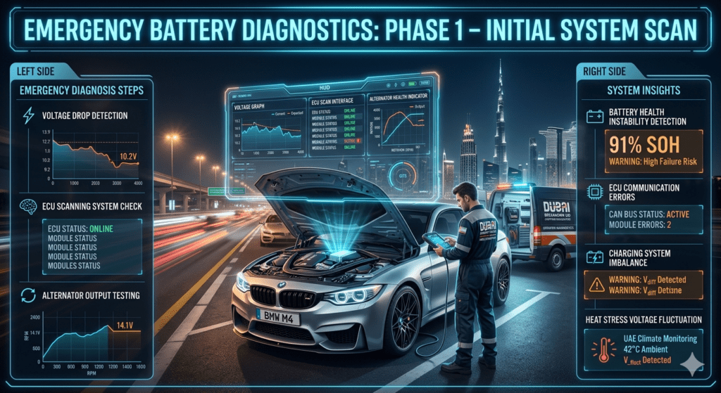 Luxury car emergency diagnosis scene in Dubai showing voltage drop detection, ECU scanning, and alternator testing during Fastest Premium & Genuine Car battery failure during travel Dubai.
