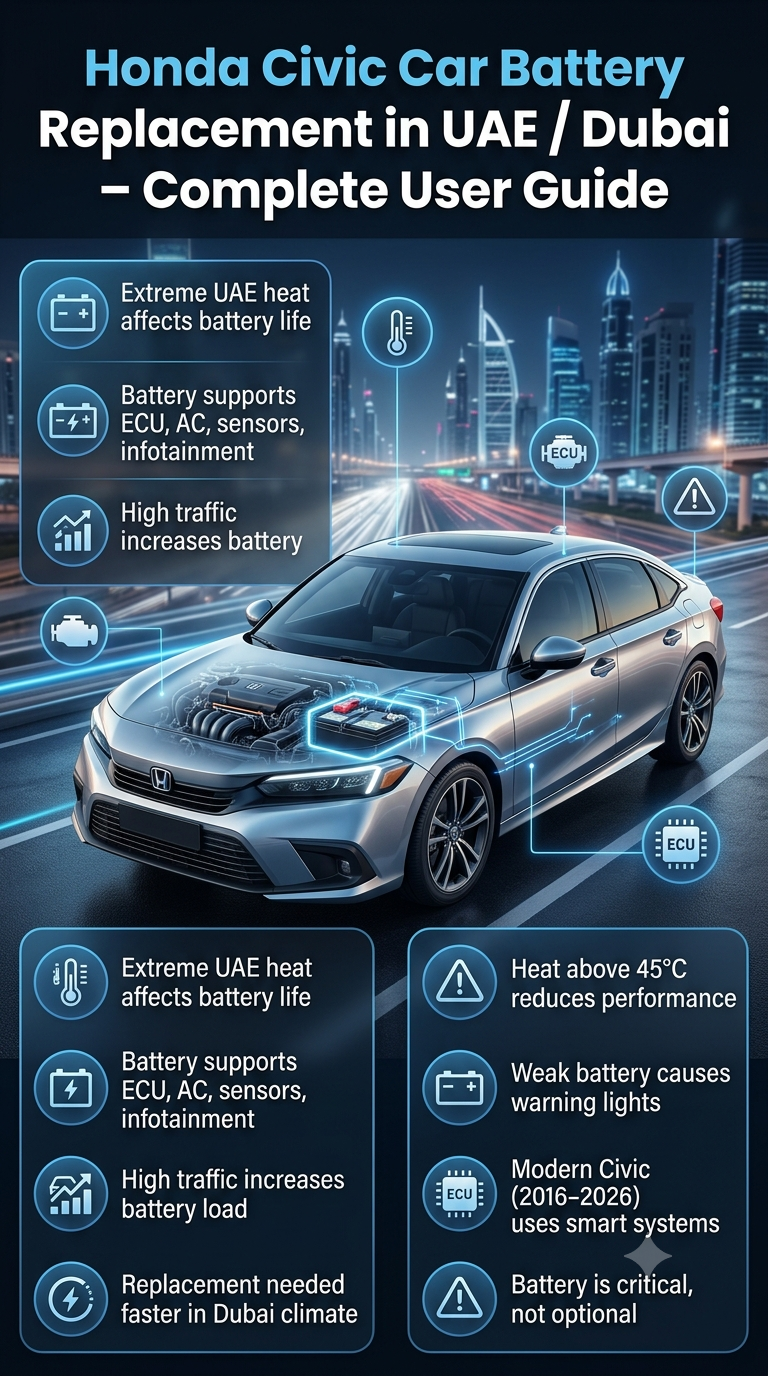 A modern infographic showing Honda Civic car battery replacement guide in UAE with a central car image, heat warning points, battery system details, and Dubai city background.