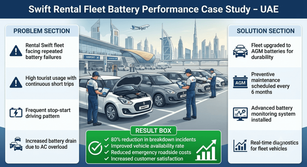 Automotive case study infographic showing Maruti Suzuki Swift rental fleet battery improvement in UAE with problem, solution, and 80% breakdown reduction results.