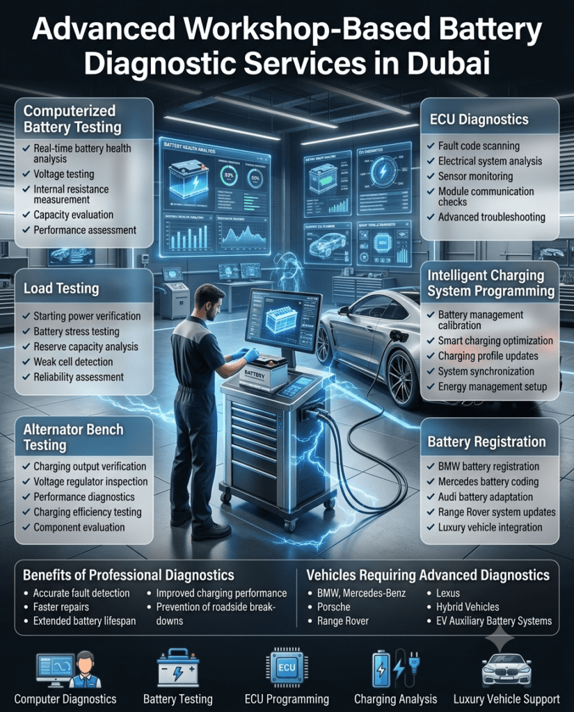 Professional automotive workshop infographic showing advanced battery diagnostic services including computerized battery testing, load testing, alternator bench testing, ECU diagnostics, intelligent charging system programming, and battery registration for luxury vehicles.