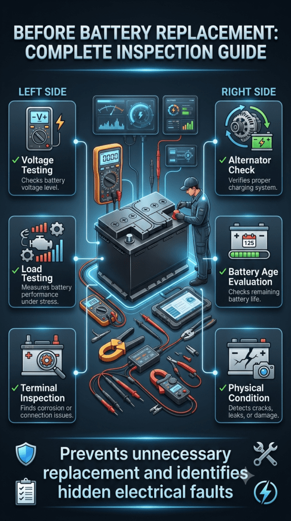 Premium battery inspection guide infographic showing car battery testing steps including voltage test, load test, terminal inspection, alternator check, battery age evaluation and physical assessment.