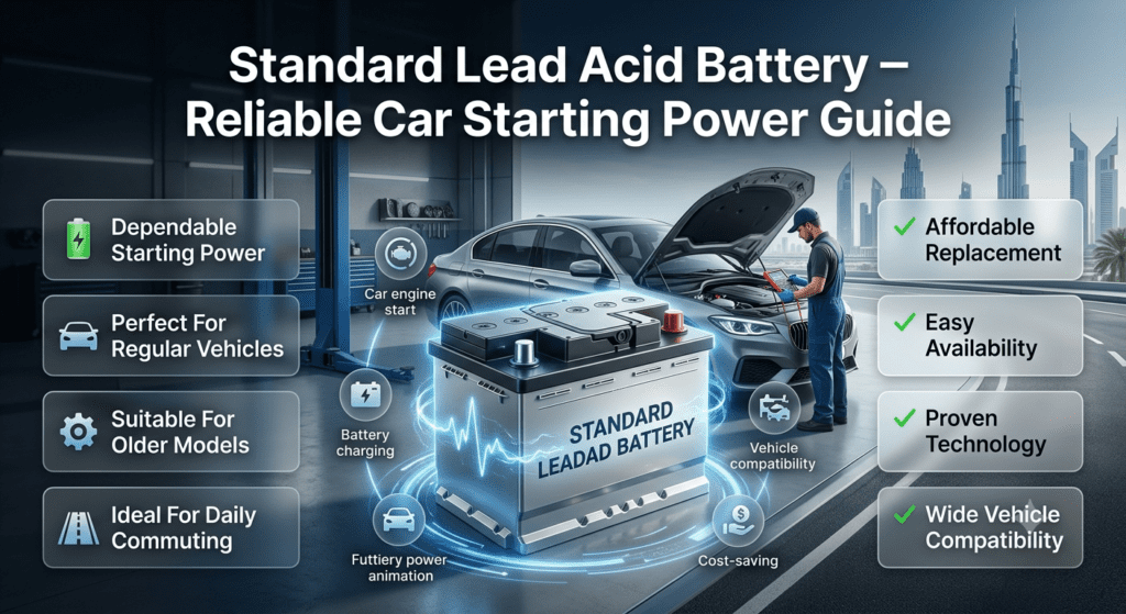 Standard lead acid car battery guide showing reliable starting power, affordable replacement, wide vehicle compatibility, and everyday car usage