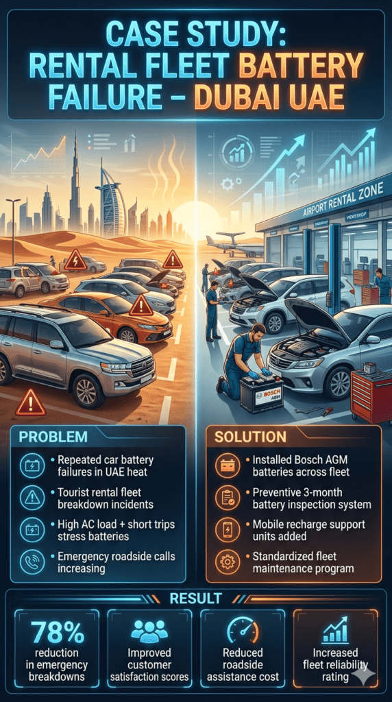 Automotive case study infographic showing Dubai rental fleet battery failure problem and solution using Bosch AGM batteries, preventive maintenance, and performance improvement results.