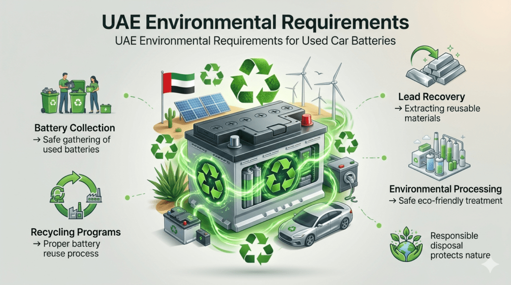 UAE environmental requirements infographic showing used car battery collection, recycling programs, lead recovery, and eco-friendly disposal methods.