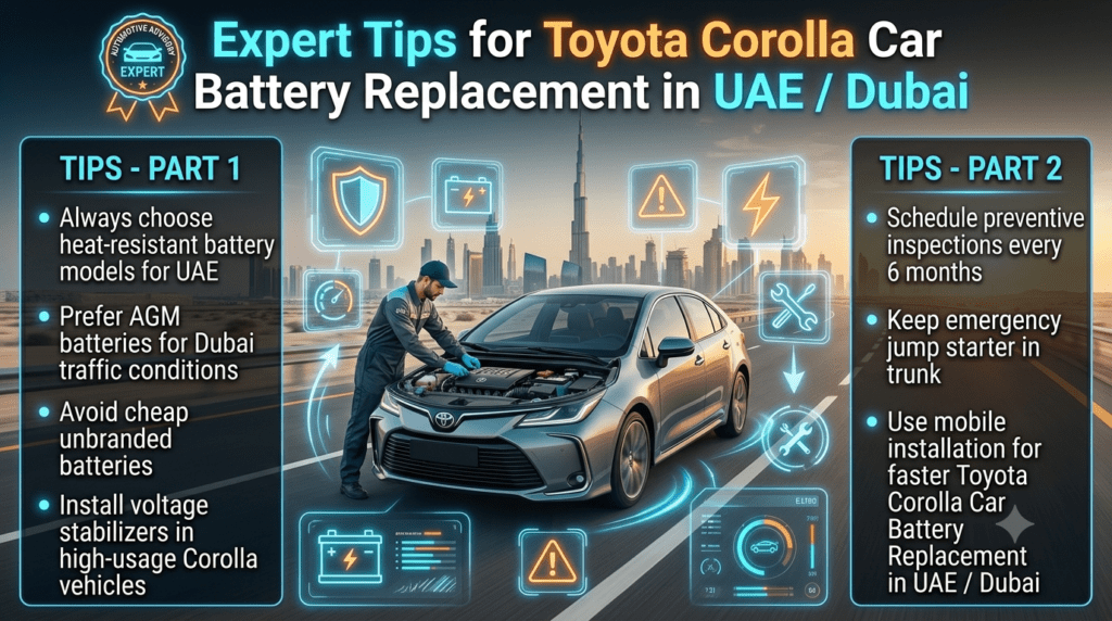 Expert tips for Toyota Corolla Car Battery Replacement in UAE Dubai including heat-resistant batteries, AGM preference, preventive inspections, and mobile installation advice infographic.