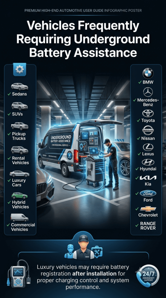 Vehicles Frequently Requiring Underground Battery Assistance – Dubai Guide Professional underground battery assistance guide showing vehicles, luxury cars, and common Dubai brands requiring mobile battery support.