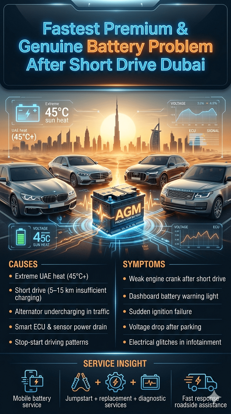 Luxury Dubai automotive infographic showing BMW, Mercedes, Audi and Range Rover with a glowing battery in center, explaining fast battery failure after short drives due to extreme heat, short charging cycles, and ECU drain with symptoms and causes listed on both sides.