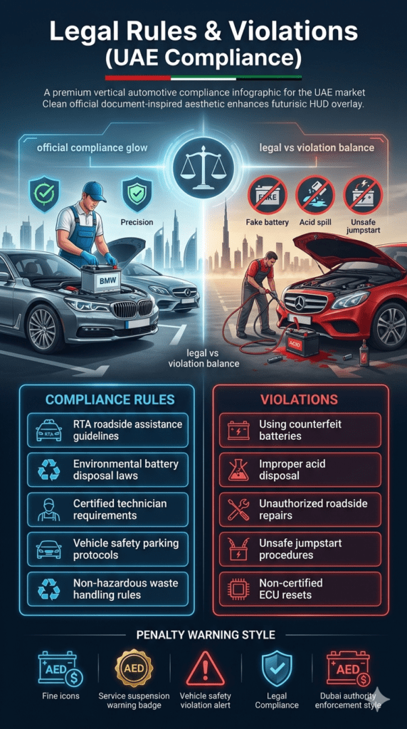 Dubai automotive compliance infographic showing legal rules and violations for car battery service, including RTA guidelines, certified technician requirements, environmental laws, and warnings against counterfeit batteries, unsafe jumpstarts, and improper disposal.