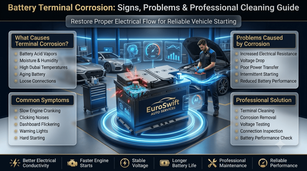 Battery Terminal Corrosion Signs & Solutions | Improve Car Battery Performance in Dubai Premium automotive infographic showing corroded car battery terminals, common symptoms of poor battery connections, increased electrical resistance, voltage drop, slow engine cranking, dashboard flickering, and the benefits of professional battery terminal cleaning in Dubai.