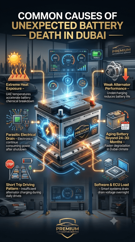 Common Causes of Unexpected Battery Death in Dubai Premium infographic showing the common causes of unexpected car battery death in Dubai, featuring a central battery illustration with key battery-drain causes displayed around it.