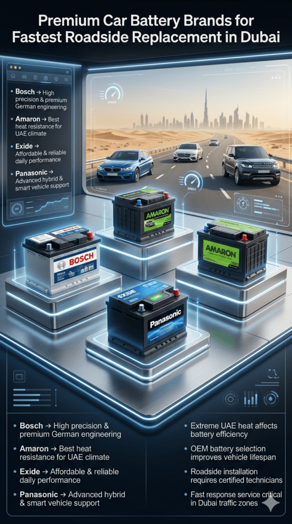 Comparison of Bosch, Amaron, Exide, and Panasonic car batteries in Dubai roadside service infographic with luxury vehicles and extreme heat background