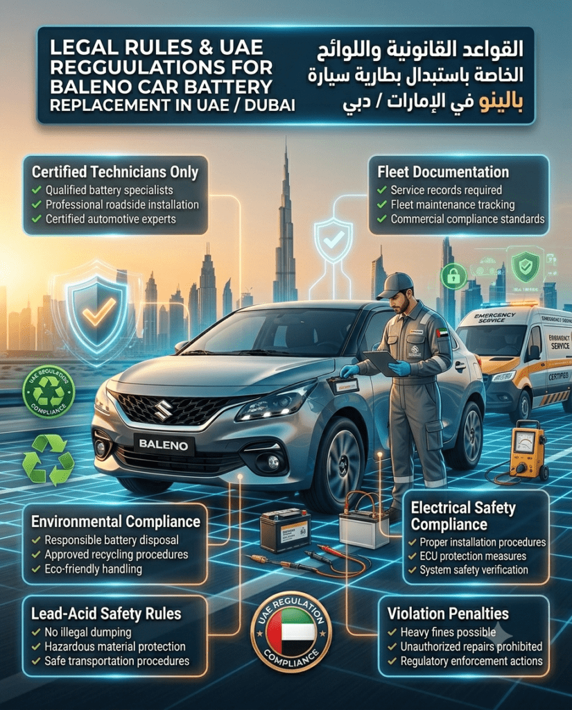 Legal Rules & UAE Regulations for Baleno Car Battery Replacement in UAE / Dubai Professional infographic explaining UAE regulations, environmental requirements, certified technician rules, battery disposal standards, and compliance requirements for Baleno car battery replacement services.