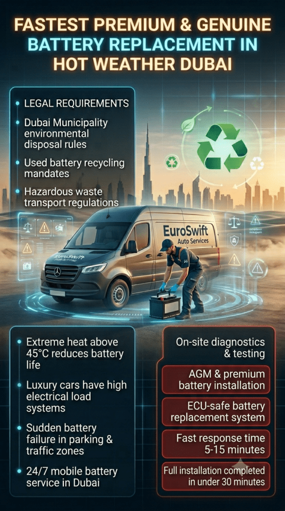 Fastest Premium & Genuine Car Battery Replacement in Hot Weather Dubai – Mobile Service Guide Luxury automotive infographic showing fast mobile car battery replacement service in Dubai heat, with technician replacing battery on a luxury vehicle, Dubai skyline background, and service information panels.