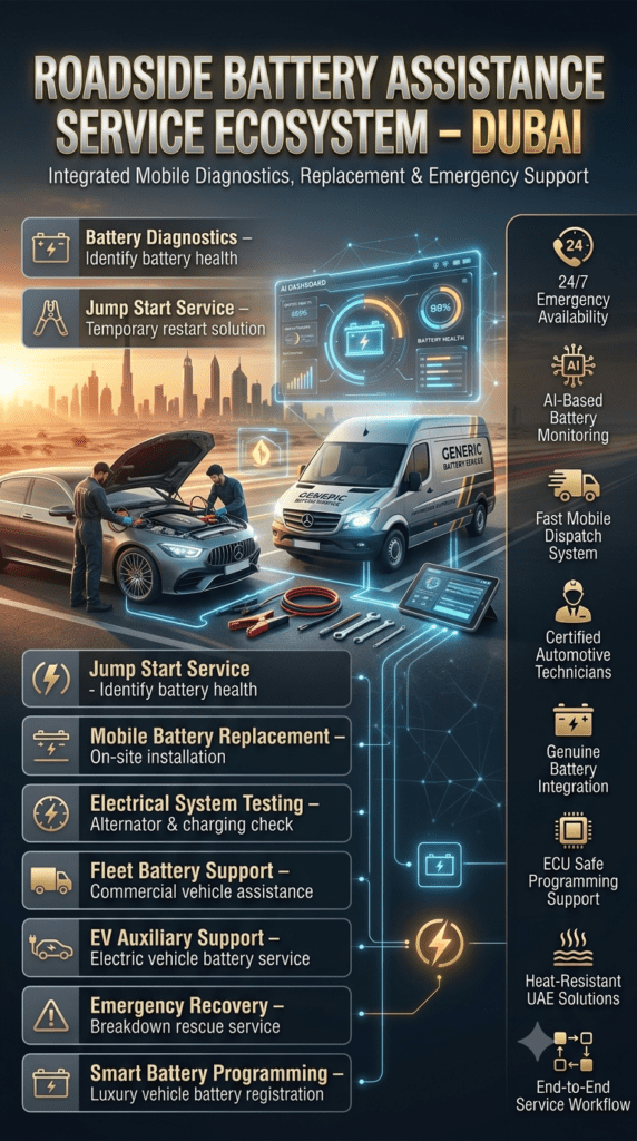 Roadside Battery Assistance Service Ecosystem in Dubai – Complete Mobile Support System Infographic showing Dubai roadside battery assistance ecosystem with mobile diagnostics, jump start, EV support, fleet services, and smart battery programming connected in a modern service system.
