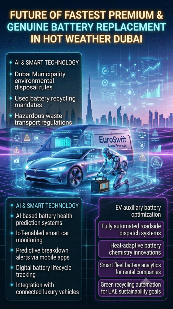 Future of Fastest Premium & Genuine Battery Replacement in Hot Weather Dubai Futuristic infographic showing premium car battery replacement technology in Dubai with holographic UI, central glowing battery, and AI-driven automotive innovation points on both sides.