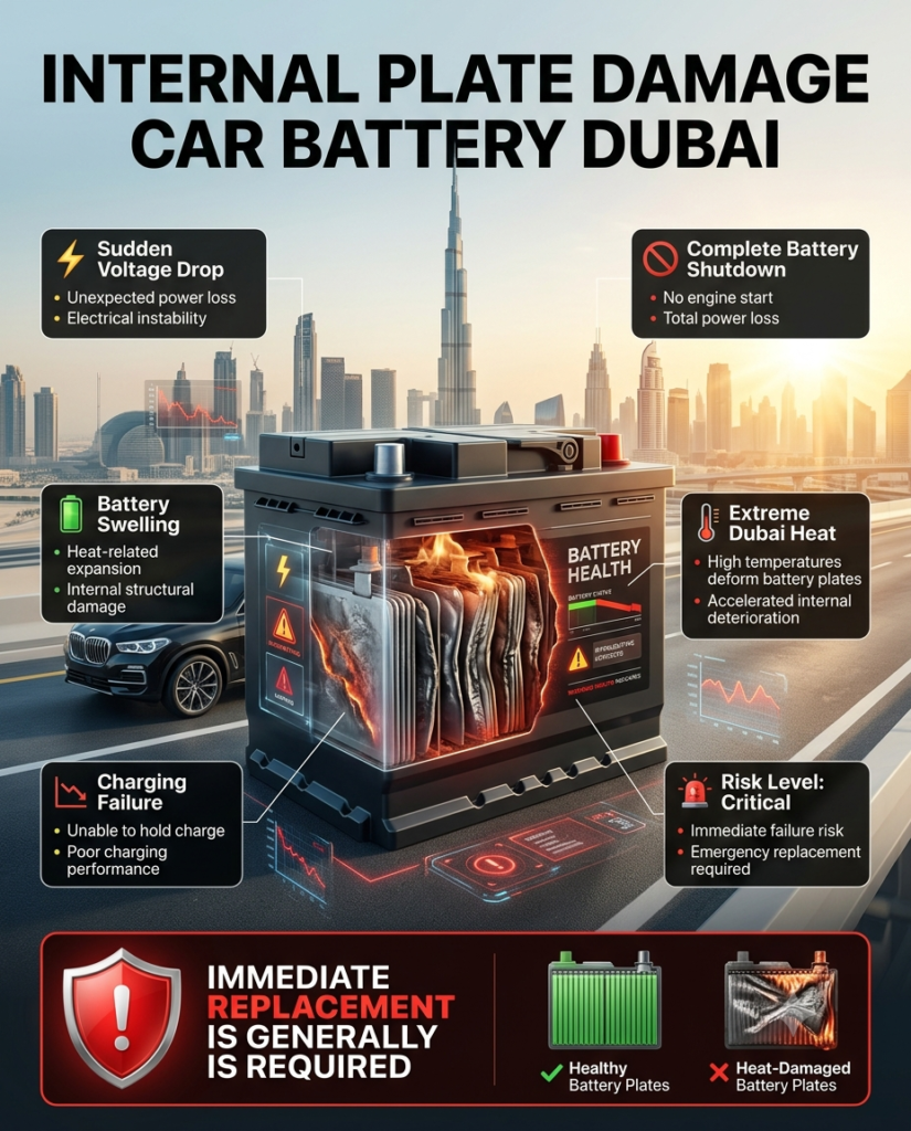 Premium automotive infographic showing severe internal battery plate damage caused by Dubai heat. A large realistic battery with warped internal plates appears in the center, surrounded by animated warning panels highlighting sudden voltage drop, battery swelling, charging failure, complete battery shutdown, and critical risk level. Luxury vehicle imagery, Dubai skyline, and futuristic battery diagnostics create a high-end automotive service design.