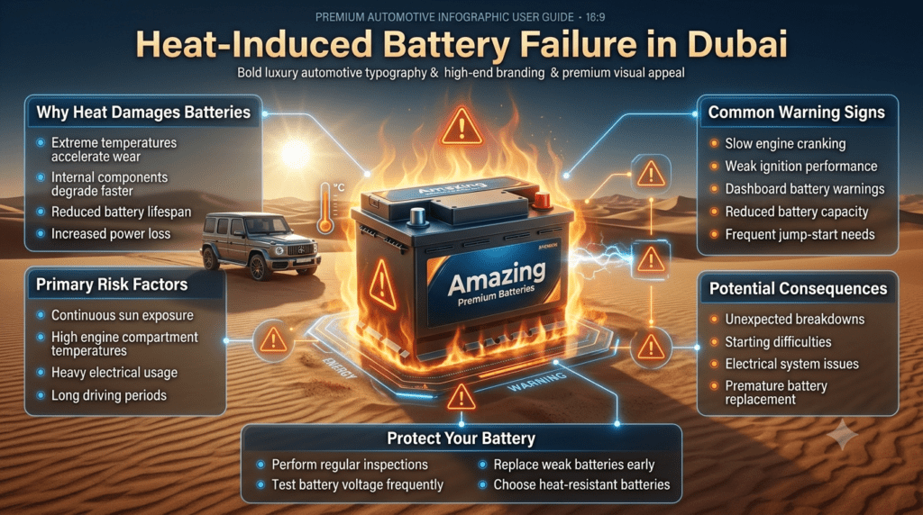 Professional automotive infographic illustrating heat-induced battery failure in Dubai, featuring a premium car battery exposed to extreme desert temperatures with warning indicators and key battery failure symptoms displayed around the design.