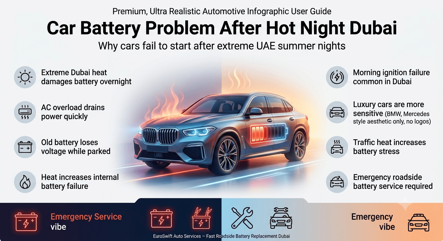 Luxury automotive infographic showing car battery failure after hot night in Dubai with heat effects, luxury car illustration, and roadside emergency service guidance.