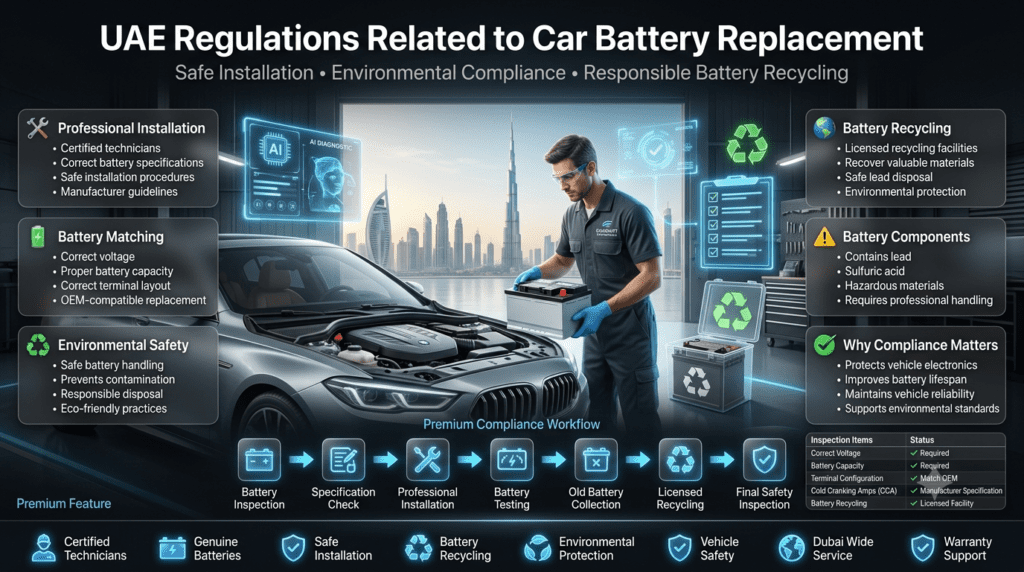 UAE Regulations Related to Car Battery Replacement | Professional Safety & Recycling Guide UAE Regulations Related to Car Battery Replacement infographic showing professional battery installation, correct battery specifications, environmental safety, licensed battery recycling, and compliance with automotive best practices.