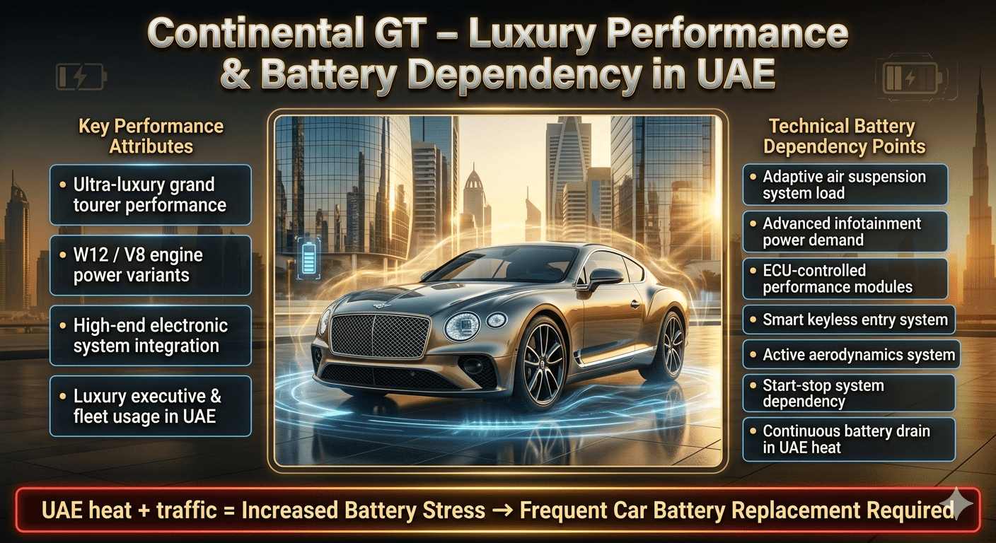 Luxury infographic of Bentley Continental GT in Dubai showing battery dependency systems, UAE heat impact, and advanced electronic features with side technical points and central car visual.