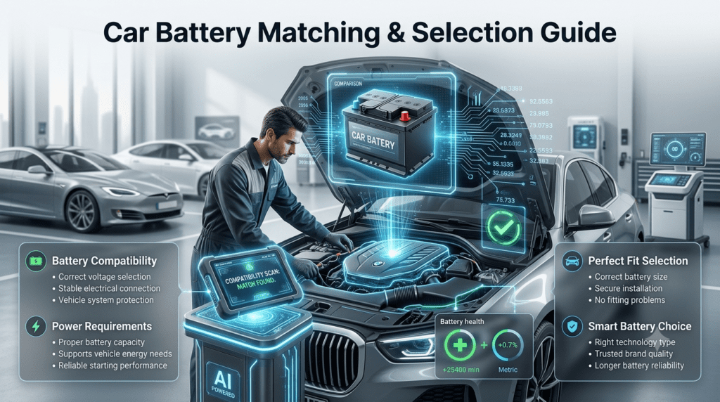 Car battery matching guide showing voltage, capacity, size, technology, and brand quality selection for correct vehicle compatibility.
