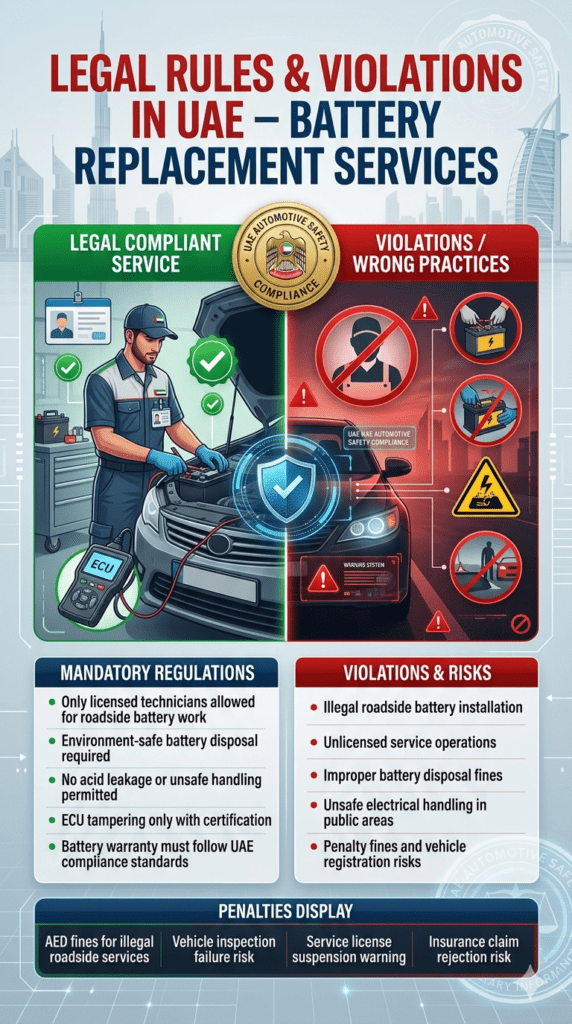 UAE automotive compliance infographic showing legal and illegal car battery replacement practices with regulations, violations, and penalties in Dubai.