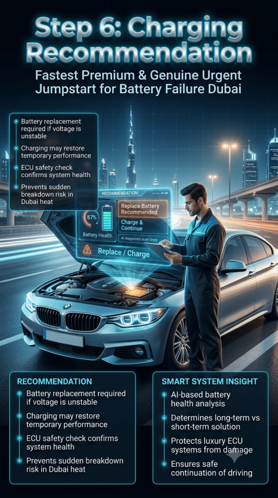 Step 6: Charging Recommendation – Battery Replacement Decision After Jumpstart Dubai Automotive technician providing charging and battery replacement recommendation in Dubai after jumpstart diagnosis, using digital tablet and AI battery health analysis for luxury vehicle.