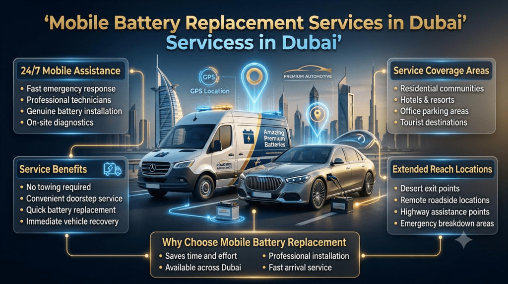 Professional automotive infographic showing mobile battery replacement services in Dubai, featuring a premium battery service vehicle and key service coverage locations including residential communities, hotels, offices, tourist destinations, desert exits, and roadside assistance areas.