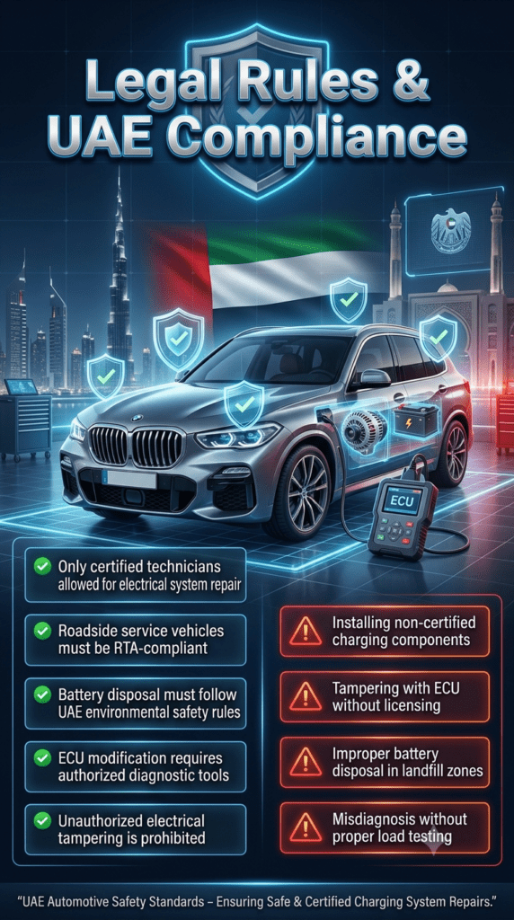 Futuristic automotive compliance infographic showing UAE legal rules for faulty charging systems including certified technicians, ECU regulations, and violation warnings in a luxury car diagnostic setting.