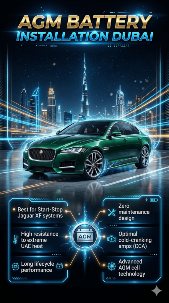 Luxury Jaguar XF AGM battery installation poster showing key features like heat resistance, long lifecycle, and zero maintenance in Dubai service style design.