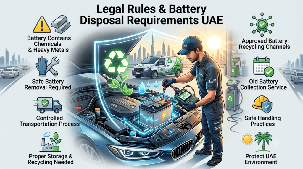 UAE car battery disposal rules showing safe removal, recycling, transportation, and professional handling requirements.