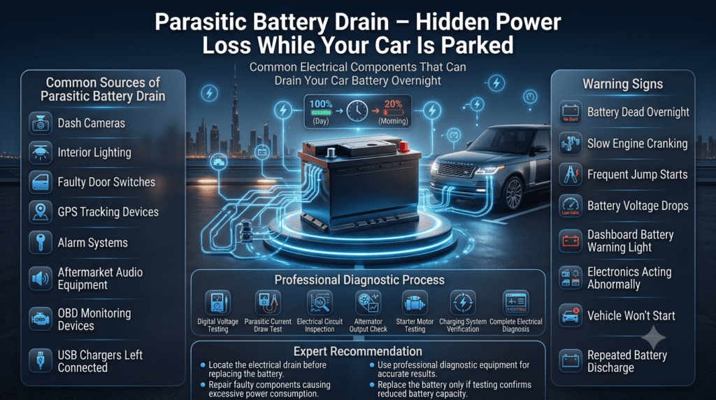 Parasitic battery drain infographic showing common electrical components that discharge a car battery overnight and the professional diagnostic process.