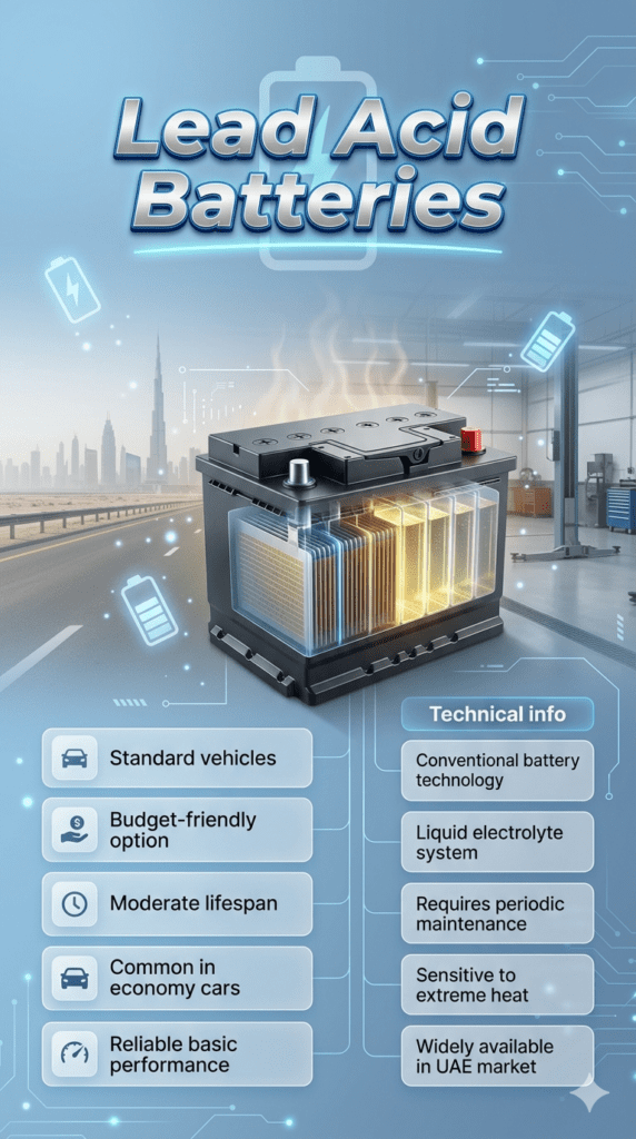 Infographic showing Lead Acid car battery with labeled features including standard vehicle usage, budget-friendly nature, and moderate lifespan in a modern Dubai automotive service design.